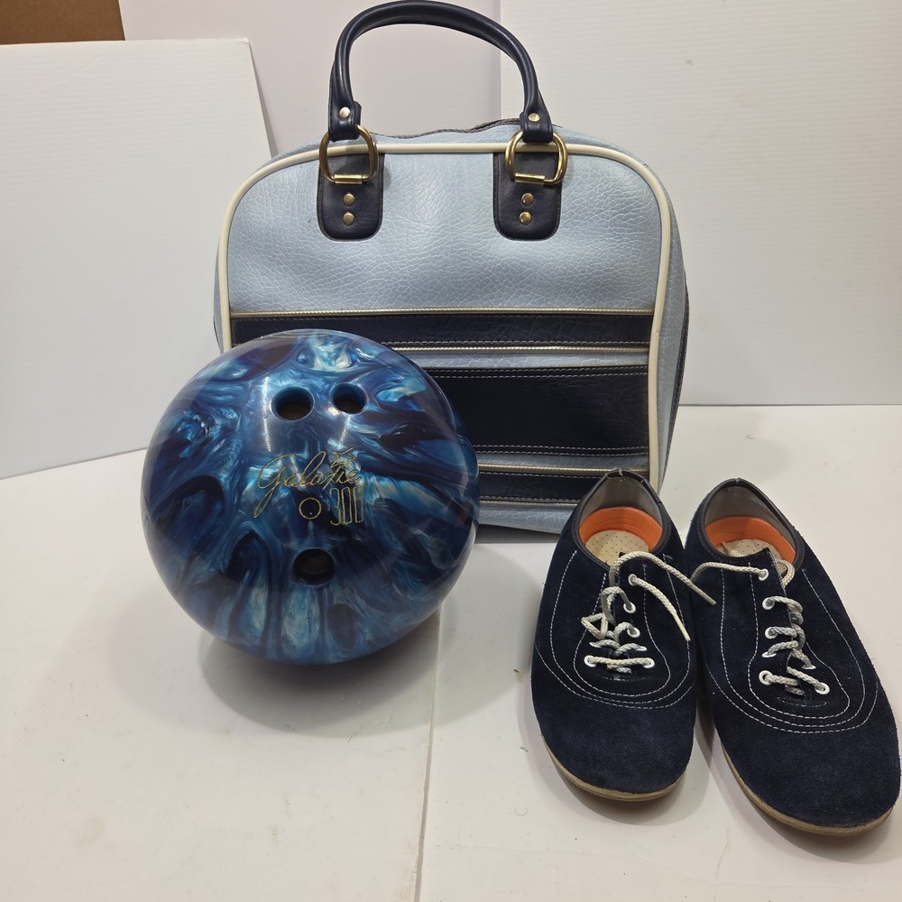 Vintage Galaxie 300 Blue Swirl Bowling Ball Bag Shoes Size 9 Complete Set